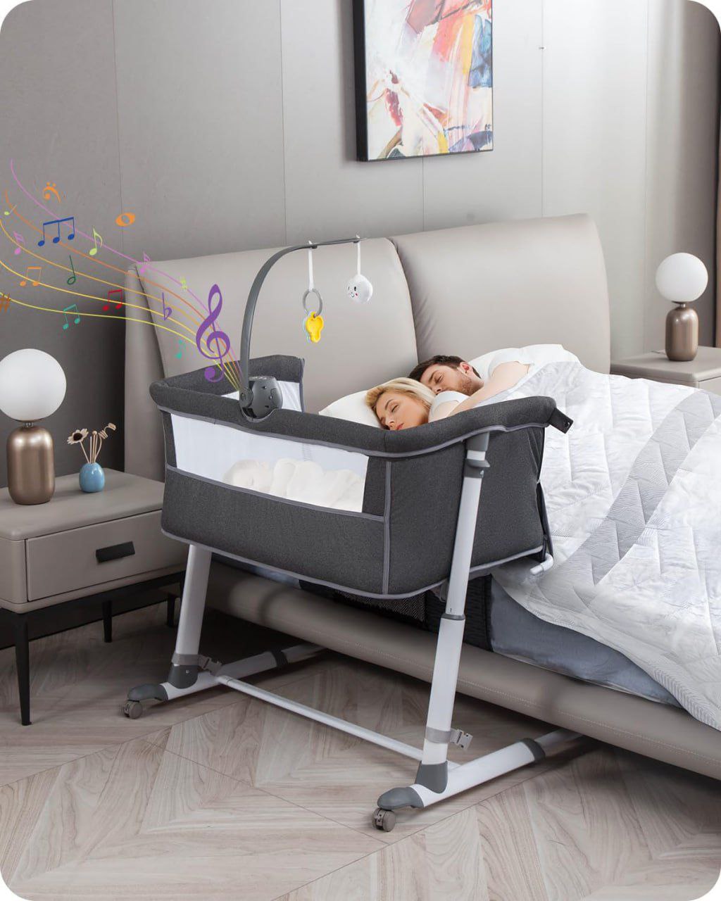 Bedside Crib Sleeper with Wheels and Music Box